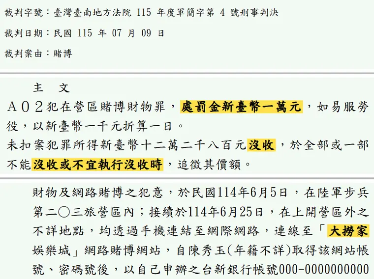 臺灣臺南地方法院115年度軍簡字第4號刑事判決 原文截圖（被告姓名已遮）