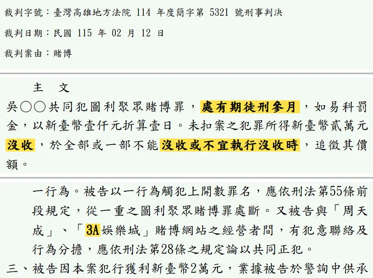 臺灣高雄地方法院114年度簡字第5321號刑事判決 原文截圖(被告姓名已遮)