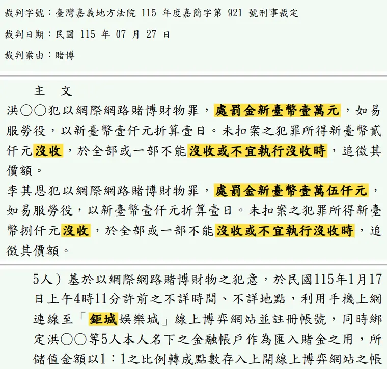 臺灣嘉義地方法院115年度嘉簡字第921號刑事裁定 原文截圖（被告姓名已遮）