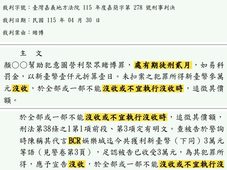 臺灣嘉義地方法院115年度嘉簡字第278號刑事判決 原文截圖(被告姓名已遮)