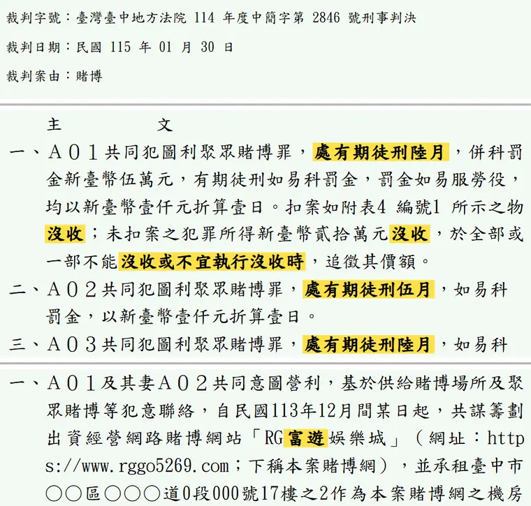 臺灣臺中地方法院114年度中簡字第2846號刑事判決 原文截圖(被告姓名已遮)