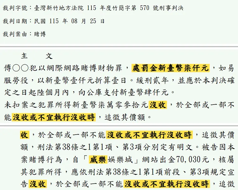 臺灣新竹地方法院115年度竹簡字第570號刑事判決 原文截圖(被告姓名已遮)