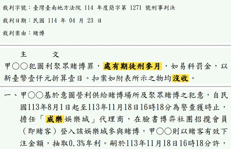 臺灣臺南地方法院114年度簡字第1271號刑事判決 原文截圖(被告姓名已遮)