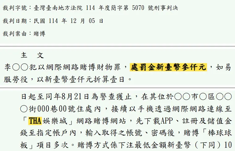 臺灣臺南地方法院114年度簡字第5070號刑事判決 原文截圖(被告姓名已遮)