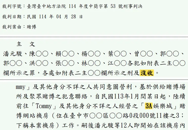 臺灣臺中地方法院114年度中簡字第53號刑事判決 原文截圖(被告姓名已遮)