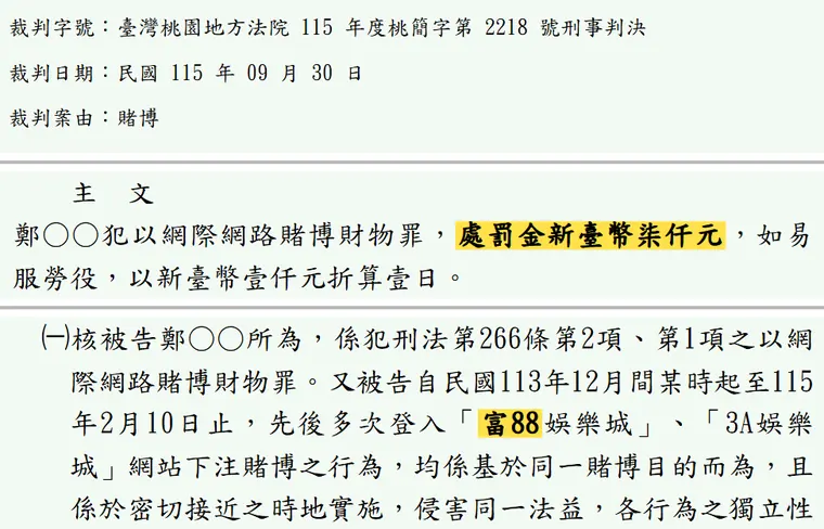 臺灣桃園地方法院115年度桃簡字第2218號刑事判決 原文截圖（被告姓名已遮）