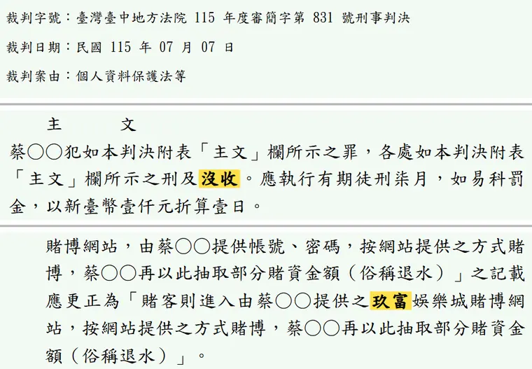 臺灣臺中地方法院115年度審簡字第831號刑事判決 原文截圖（被告姓名已遮）