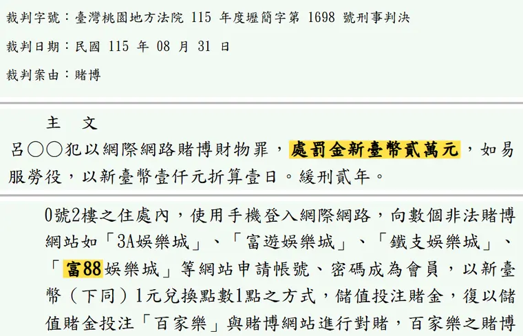 臺灣桃園地方法院115年度壢簡字第1698號刑事判決 原文截圖（被告姓名已遮）
